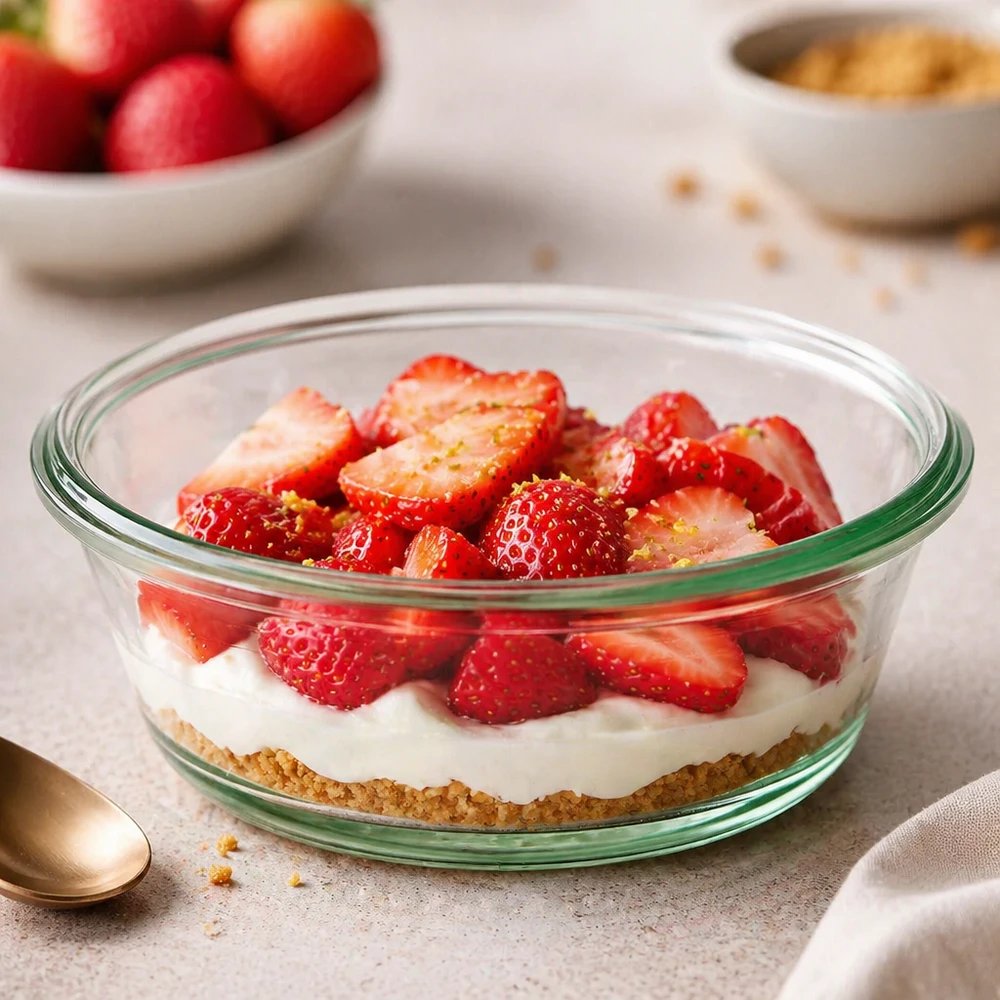 Bocal en verre gourmet WECK RR120 de 300 ml WECK Verre Gourmet 300ml RR120 comme coupe à dessert avec fraises et crème montre une utilisation polyvalente comme verre de service