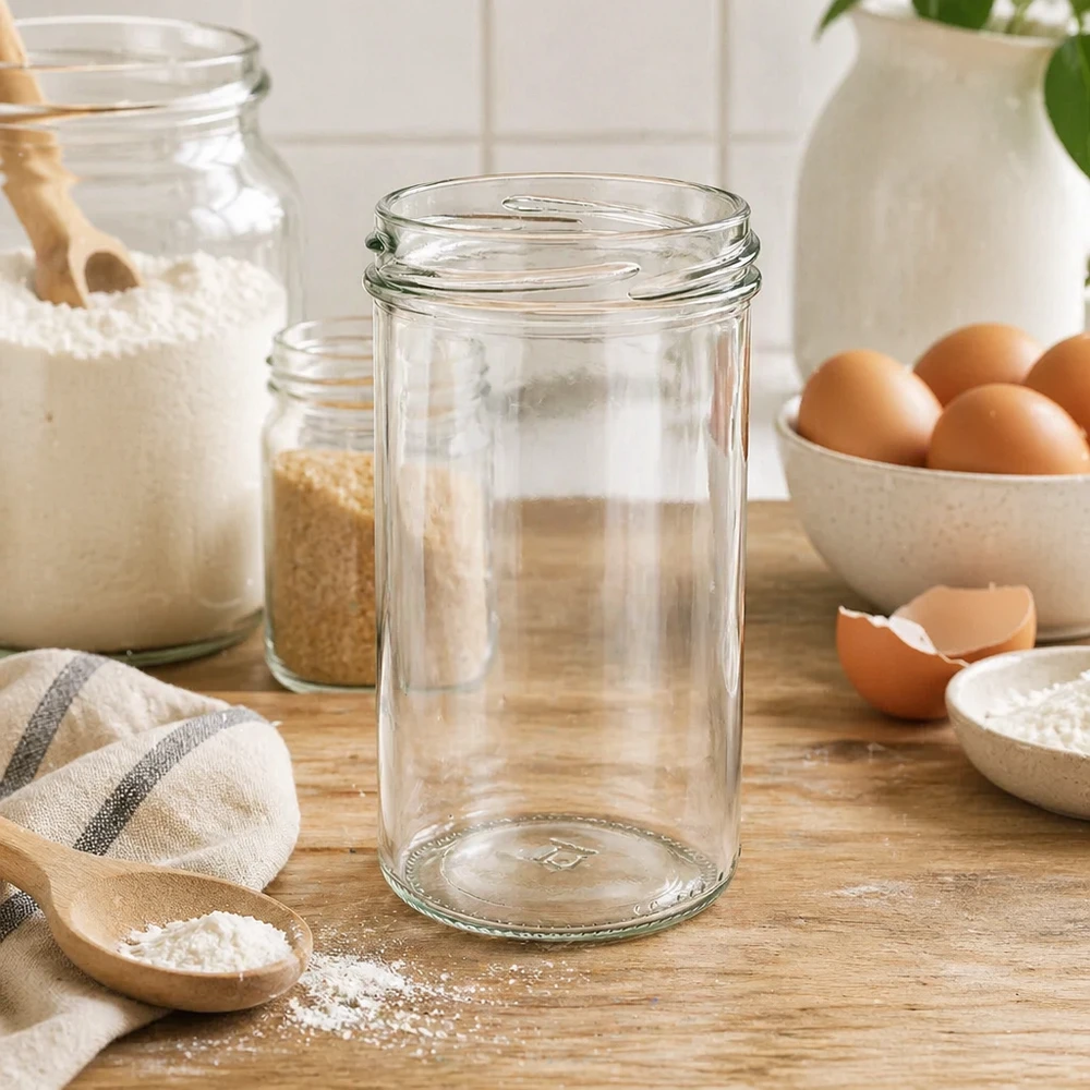 277ml Verre conique sans couvercle (TO66) UNiTWIST UNiTWIST Verre renversé 277ml TO66 vide sur table en bois avec ustensiles de cuisine Œufs et farine dans une cuisine rustique