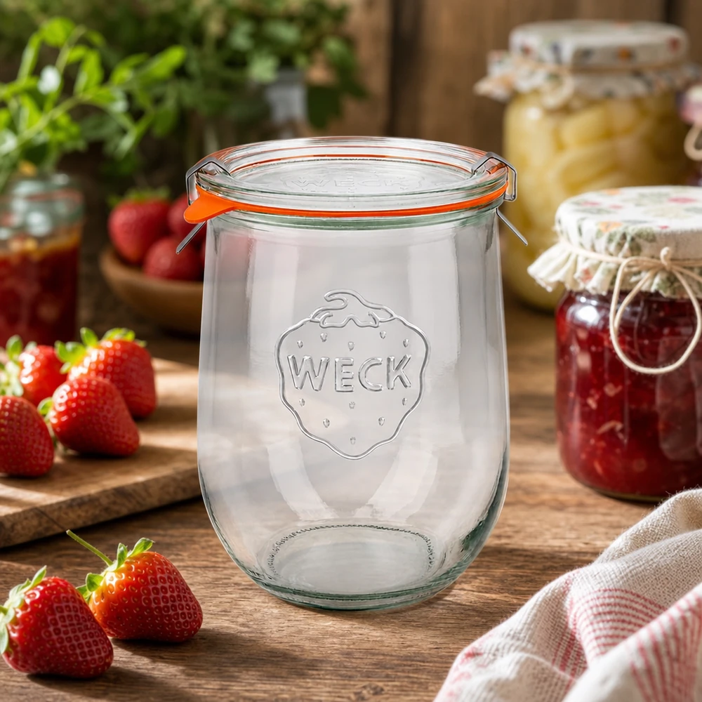 WECK Pot tulipe 1062ml RR100 vide avec fraises et confitures maison sur table rustique en bois dans la cuisine