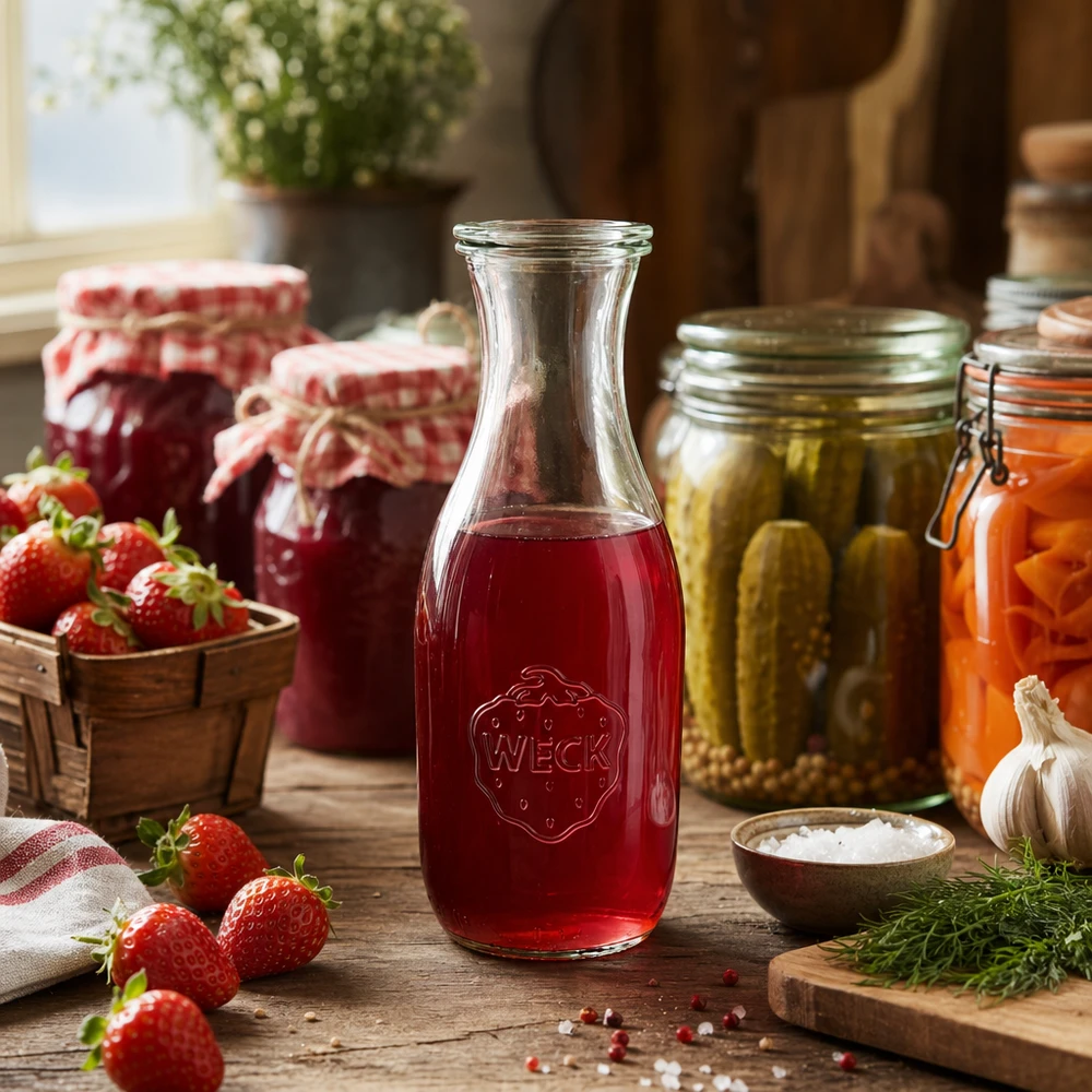 WECK Bouteille de jus 1062ml remplie de jus de fraise rouge entourée de fraises fraîches et de bocaux dans la cuisine