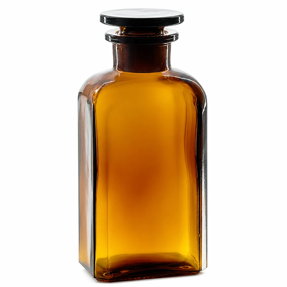 Flacon carré col large 250 ml + bouchon RIN, verre ambré Flacon carré de 250 ml, brun, avec bouchon en verre, à col large, pour laboratoire et pharmacie
