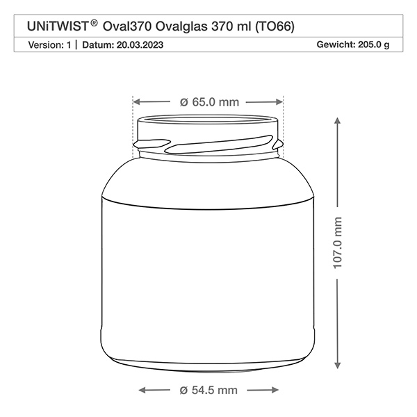 370ml Verre ovale sans couvercle (TO66) UNiTWIST Dessin technique UNiTWIST Oval370 verre ovale 370ml TO66 avec dimensions diamètre 65mm hauteur 107mm poids 205g