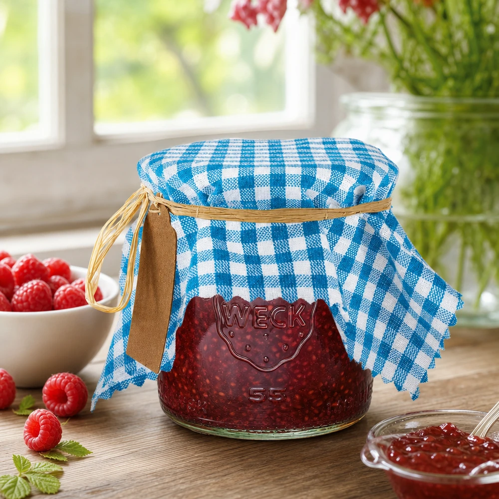 Couvre-bijoux en tissu turquoise à carreaux 15cm pour la confiture maison avec des framboises mises en scène de manière décorative