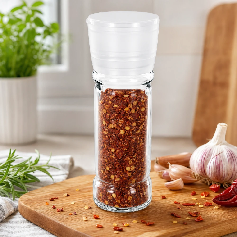 Pot à épices de 100 ml avec moulin blanc, rempli de flocons de piment, posé sur une planche à découper en bois