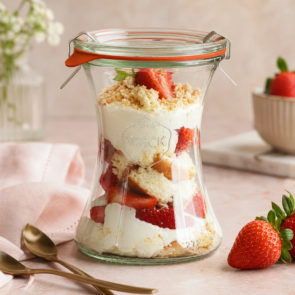 WECK Verre à délicatesse 370ml avec dessert aux fraises Dessert en couches Yaourt en miettes rose Ambiance dessert en verre
