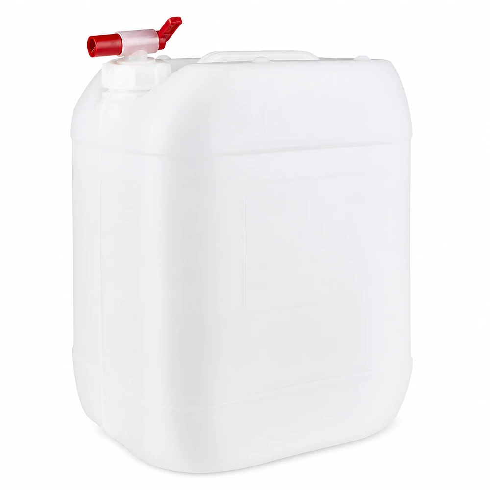 Bidon en plastique blanc de 20 litres avec robinet de vidange rouge, en HDPE