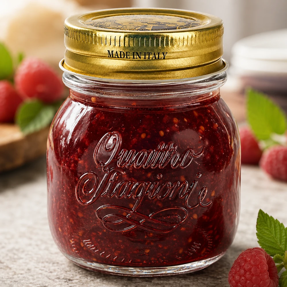 Pot rond Quattro Stagioni de 150 ml avec couvercle doré Made in Italy rempli de confiture rouge et de baies fraîches