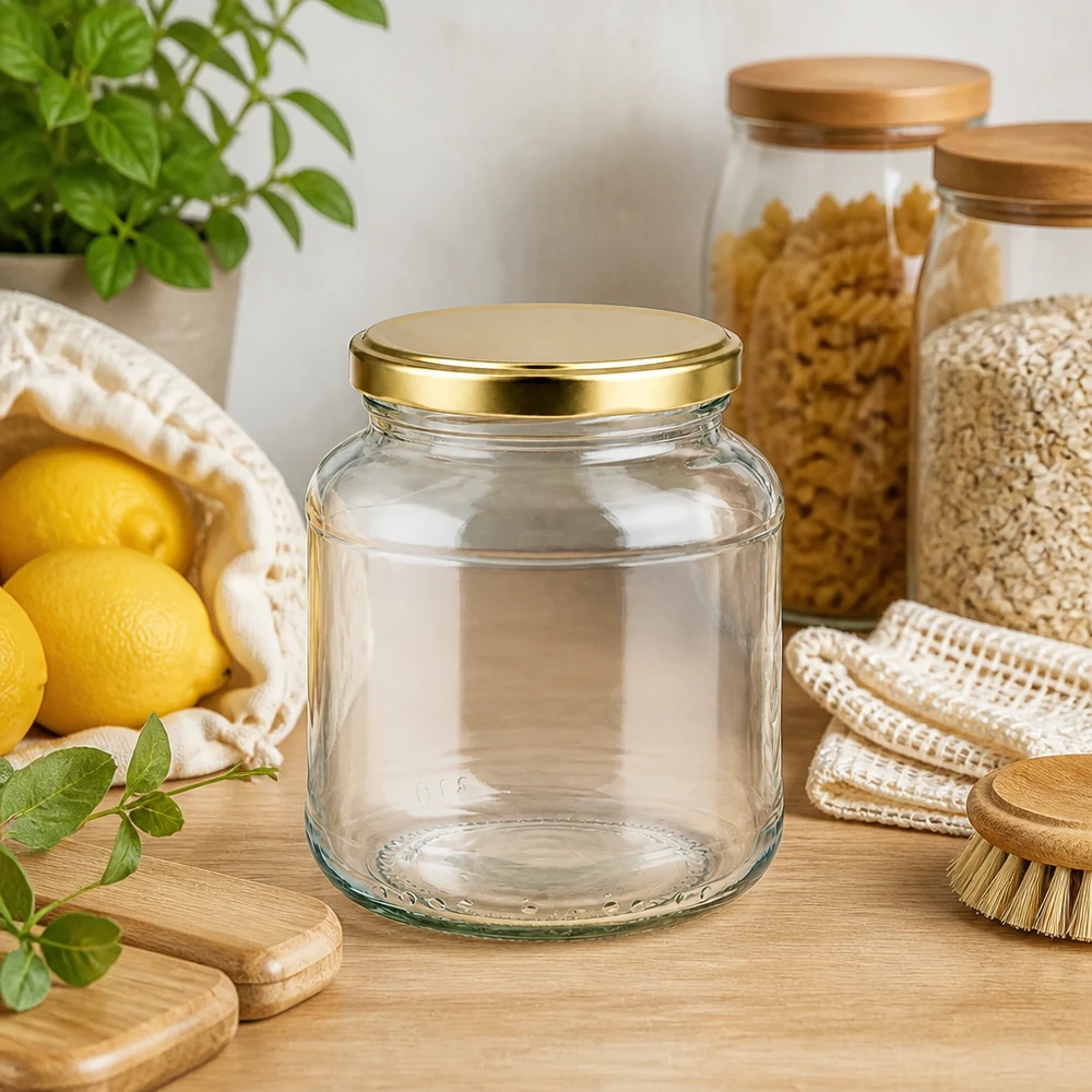 370ml Verre ovale avec couvercle BasicSeal or UNiTWIST 370ml verre ovale vide avec couvercle doré BasicSeal UNiTWIST dans un environnement de cuisine naturel avec des citrons et des herbes aromatiques