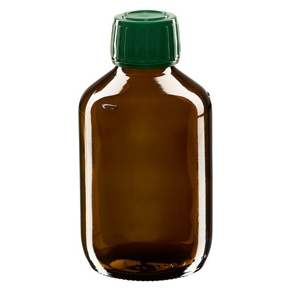 Flacon à usage médical de 200 ml, marron, avec bouchon d'inviolabilité vert Flacon à usage médical de 200 ml, marron, avec bouchon d'inviolabilité vert