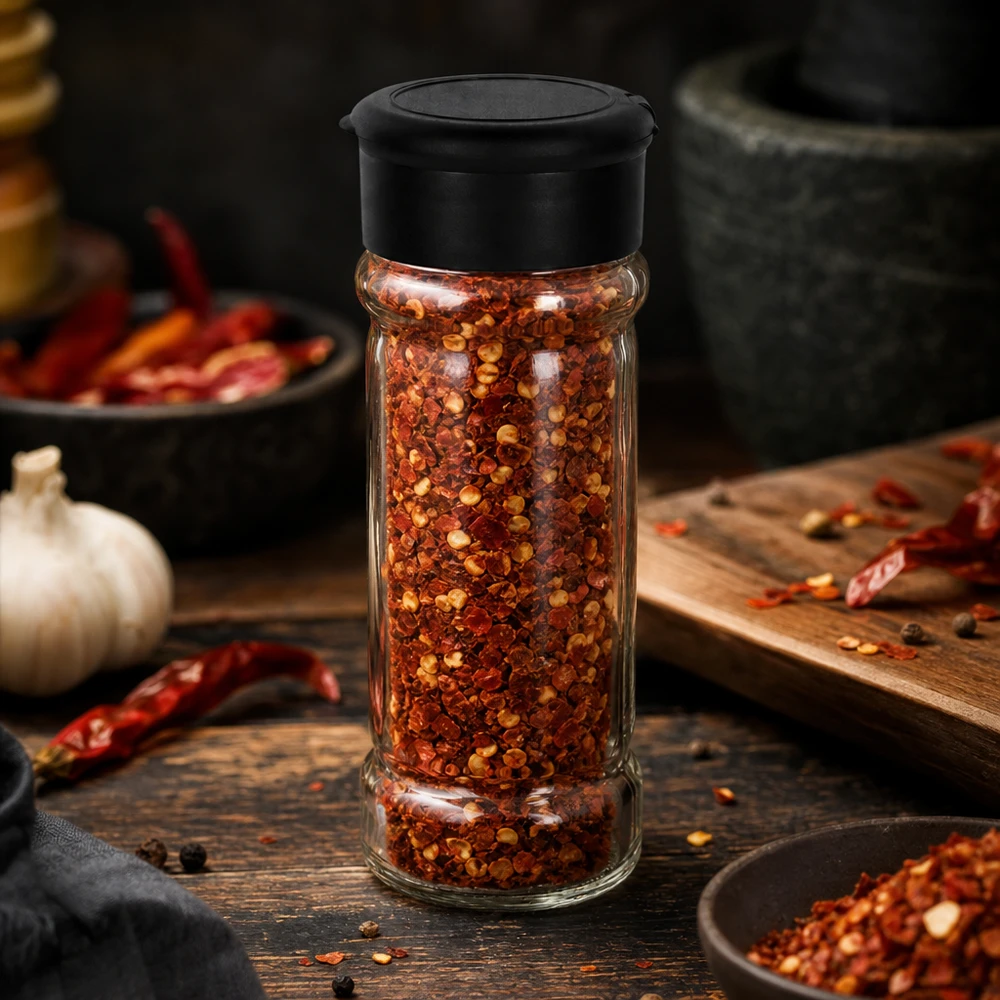 Pot à sel/épices 100 ml avec saupoudreuse, noir Pot à épices de 100 ml rempli de flocons de piment, muni d'un couvercle saupoudreur noir, posé sur un socle en bois
