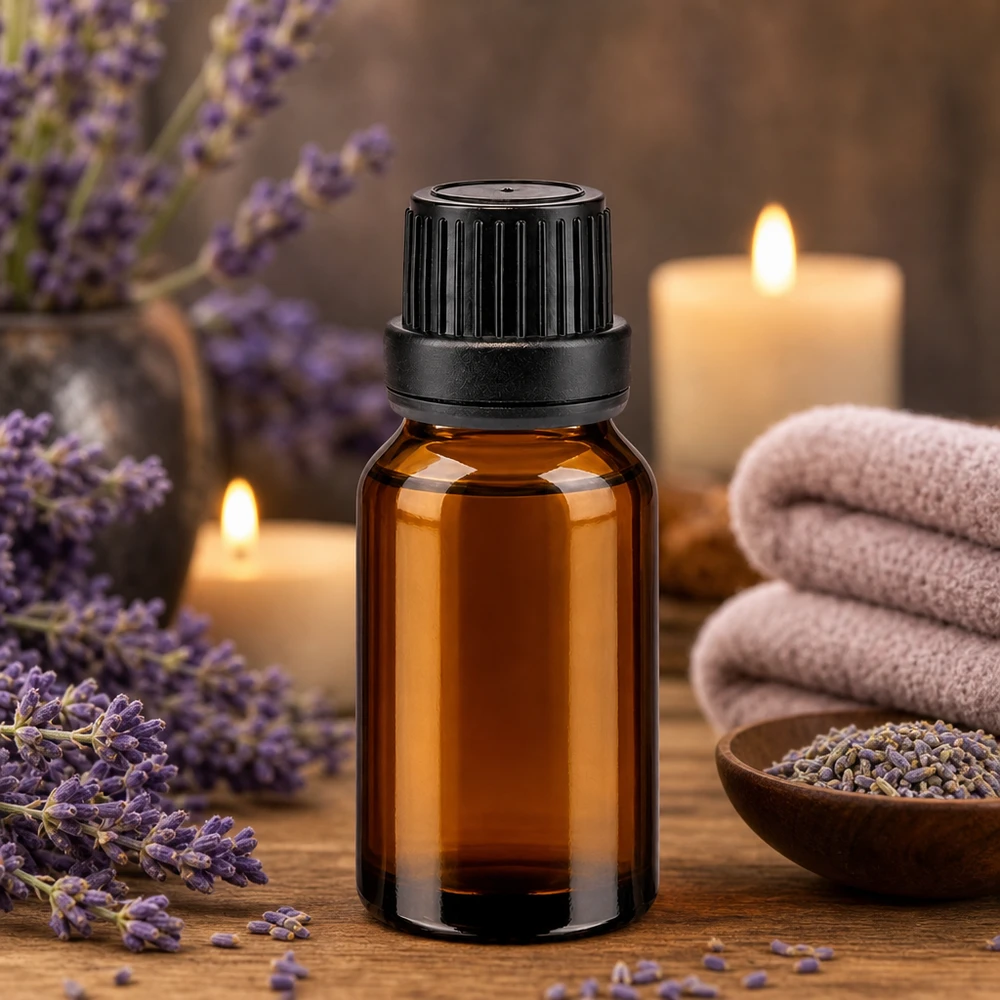 Flacon de pharmacie brun de 15 ml, agrémenté de lavande et de bougies, disposé dans une ambiance de spa apaisante
