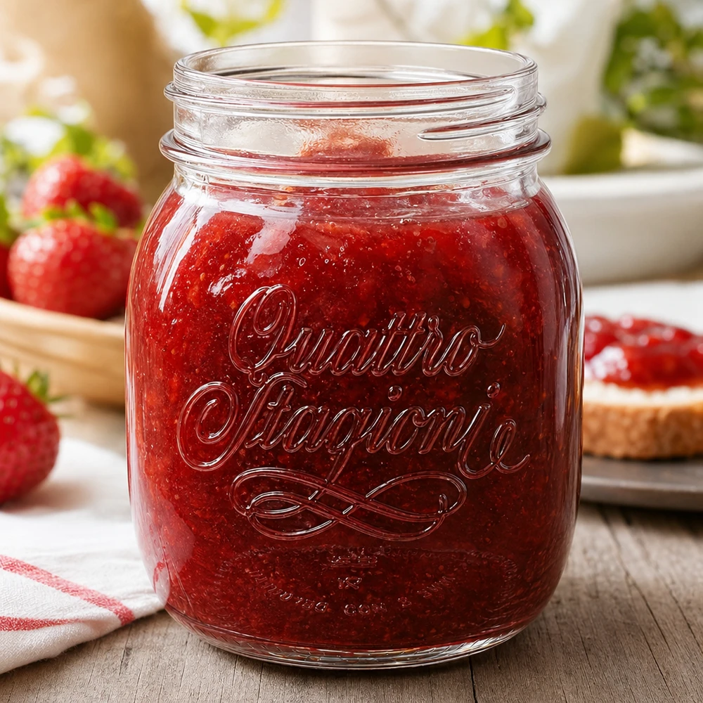 700ml Verre rond "Quattro Stagioni" QS86mm Pot ménager Quattro Stagioni de 700 ml rempli de confiture rouge à côté de fraises fraîches sur une table en bois