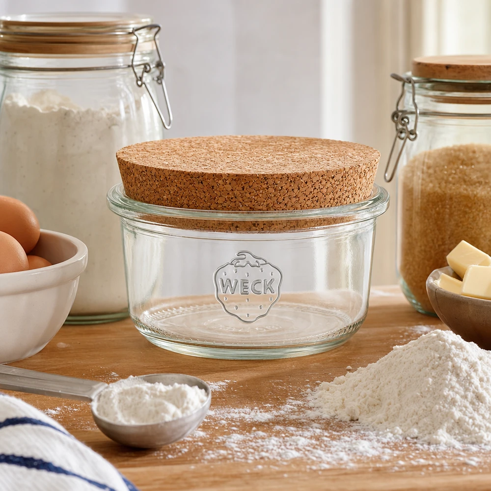 165ml bocal conique WECK RR80 avec bouchon nature WECK Bocal à provisions 165ml RR80 Couvercle en liège Cuisine Ingrédients de cuisson Farine Œufs Beurre Conservation naturelle Scène de cuisine