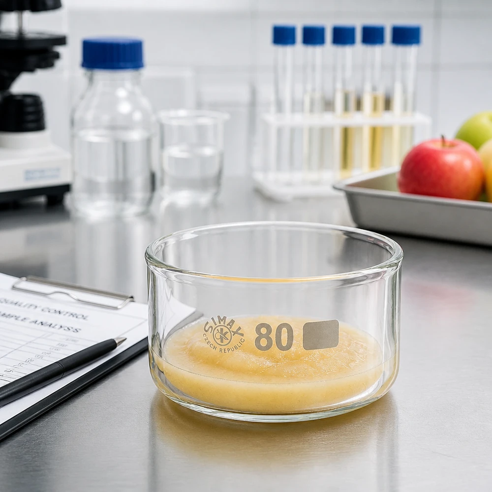 Coupelle de cristallisation 150 ml sans bec verseur Coupelle de cristallisation de 80 mm contenant un échantillon jaunâtre dans un laboratoire alimentaire, à côté de pommes et de tubes à essai