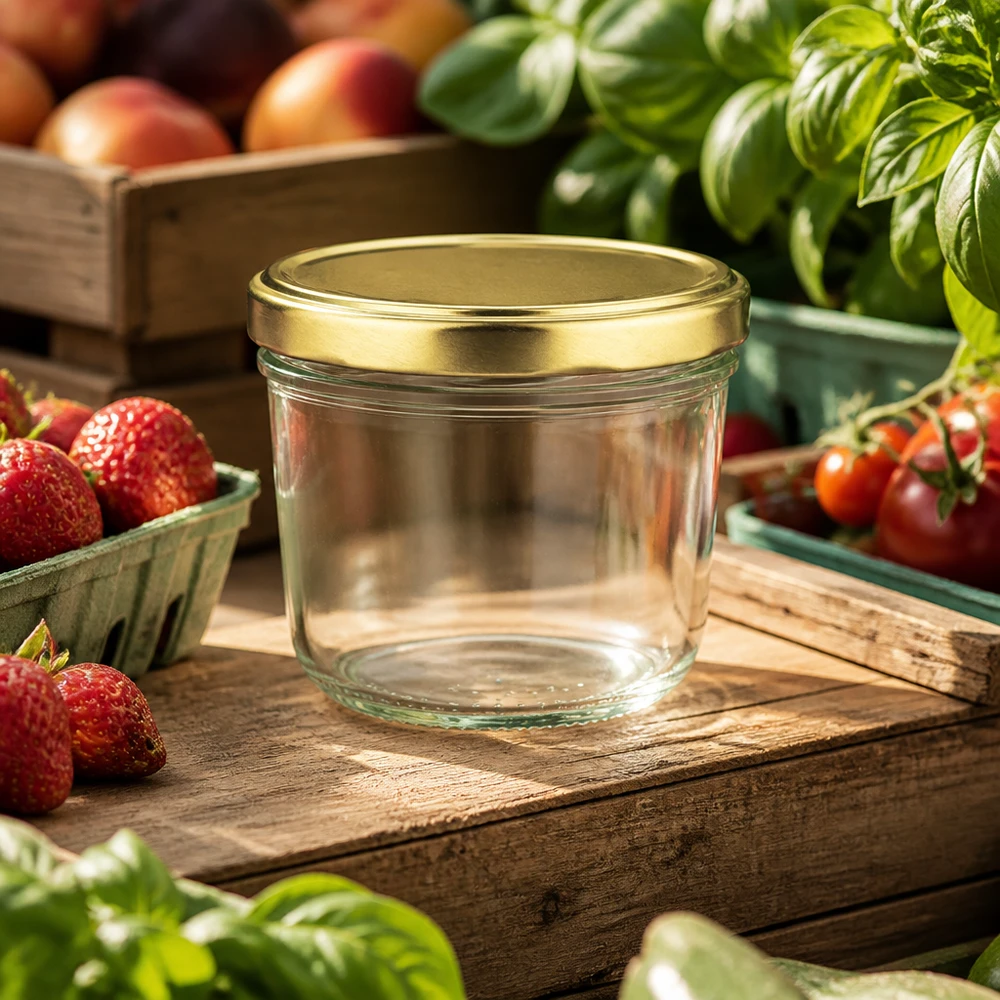 Verre renversé de 230 ml avec couvercle doré BasicSeal sur une planche en bois rustique entourée de fraises et de tomates fraîches
