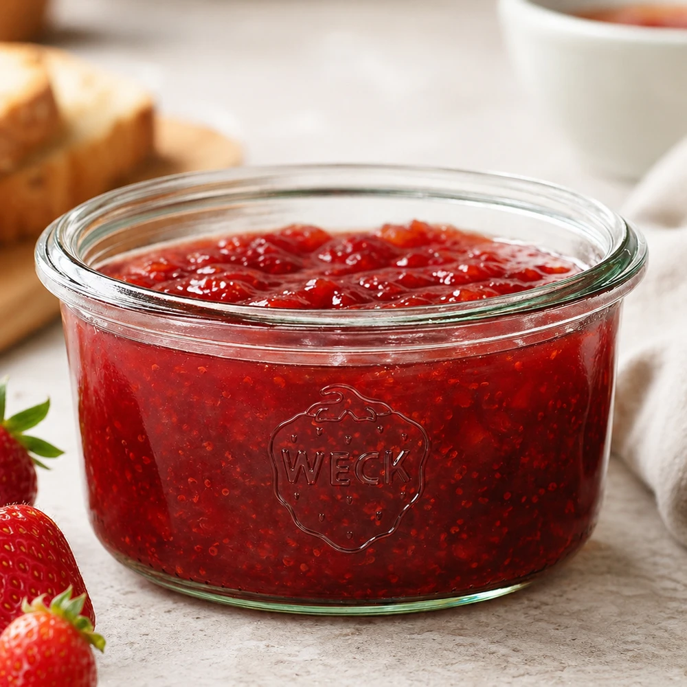 165ml WECK Pot renversé RR80 rempli de confiture de fraises rouges sur une table en bois blanc à côté de fraises fraîches et de pain