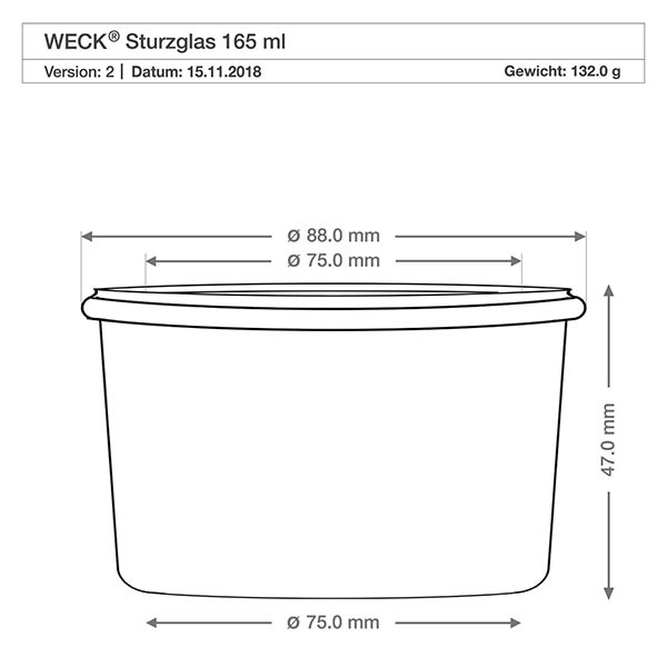 165ml bocal conique WECK RR80 avec bouchon nature Dessin technique 165ml WECK verre renversé RR80 avec dimensions 88mm diamètre 47mm hauteur 132g poids