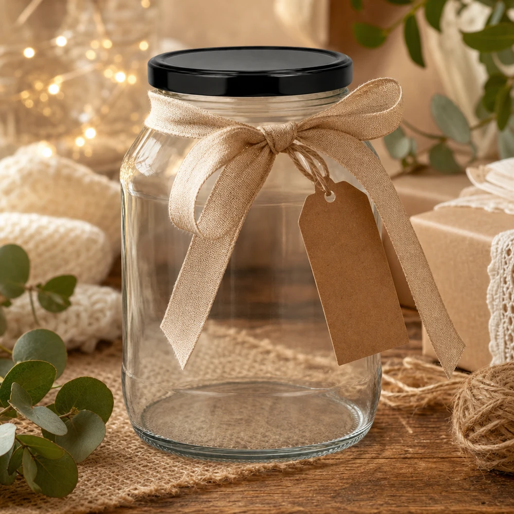 Grand bocal rond de 2650 ml avec couvercle noir, décoré d'un ruban beige et d'un pendentif, dans une ambiance rustique.