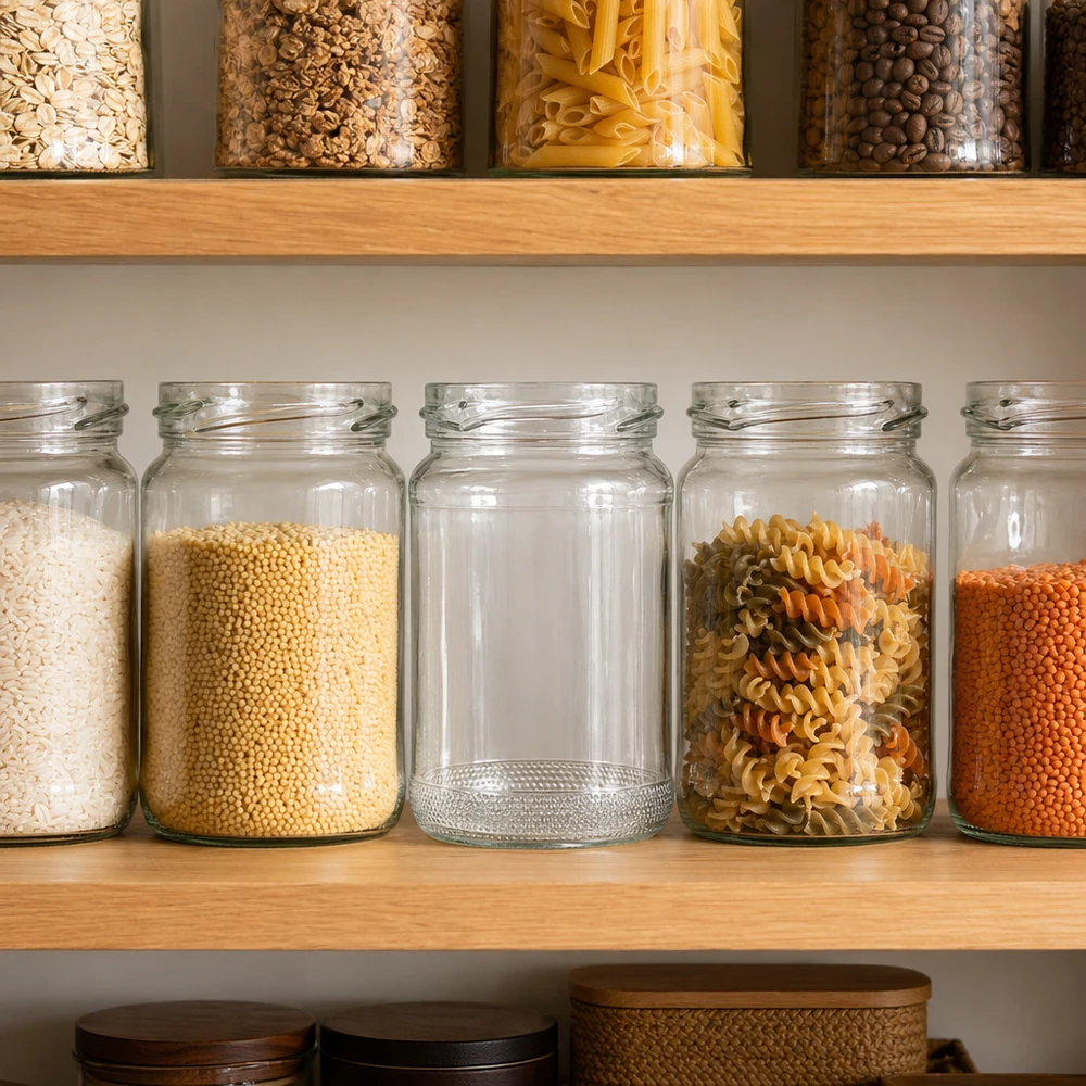 Des bocaux en verre ronds vides de 110 ml dans une cantine de cuisine organisée à côté de bocaux à provisions remplis de céréales.