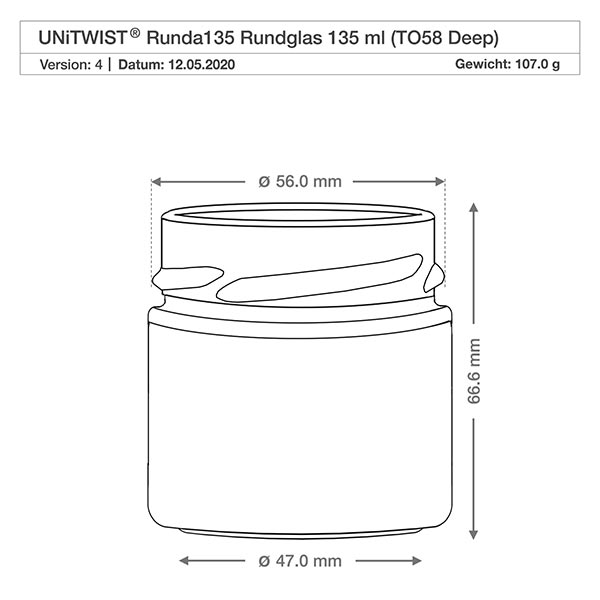 UNiTWIST Runda135 verre rond 135ml TO58 Deep dessin technique avec dimensions 56mm diamètre 66,6mm hauteur
