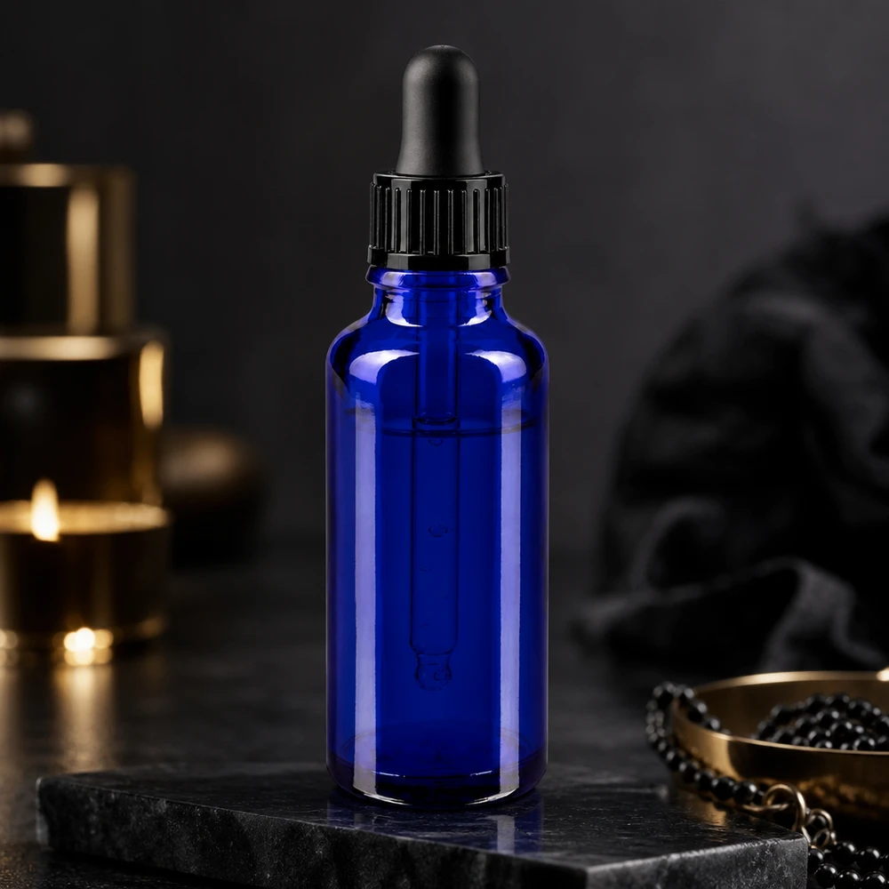 Flacon en verre bleu de 30 ml muni d'un compte-gouttes noir, mis en valeur avec élégance sur une pierre d'ardoise foncée