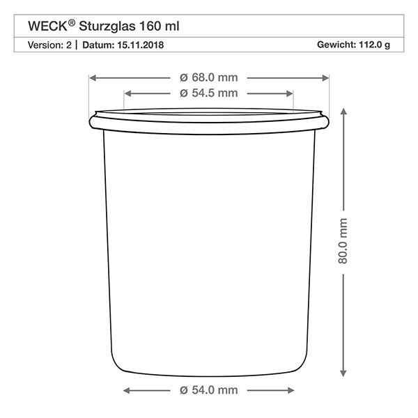 160ml bocal conique WECK RR60 WECK Verre renversé 160ml RR60 dessin technique avec dimensions diamètre 68mm hauteur 80mm poids 112g