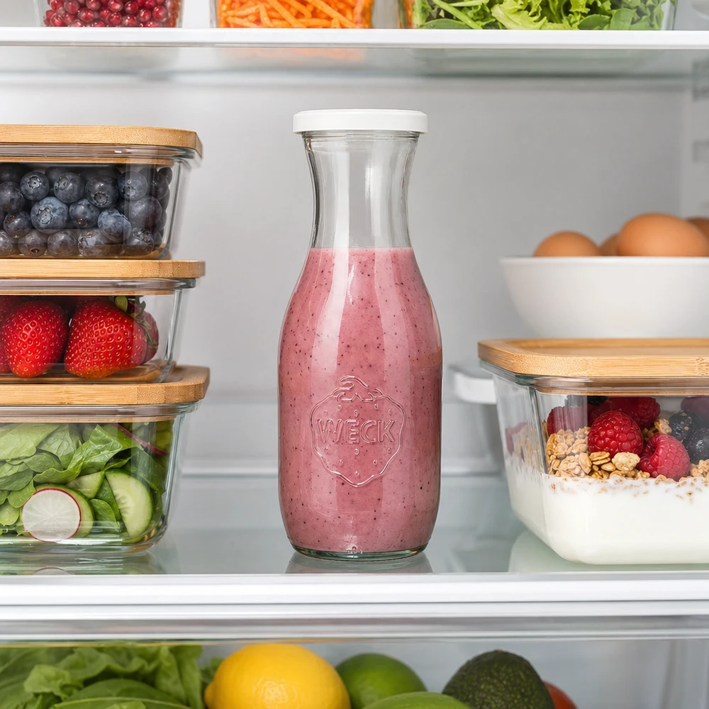 Bouteille à jus de 1 062 ml avec couvercle fraîcheur WECK RR60 WECK Bouteille de jus de fruits 1062ml avec smoothie aux baies dans le réfrigérateur entre les aliments frais et les récipients de stockage