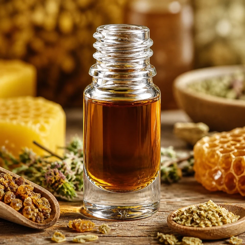 Bouteille de pharmacie 5ml ApoGlas de haute qualité avec contenu couleur miel sur une table en bois rustique
