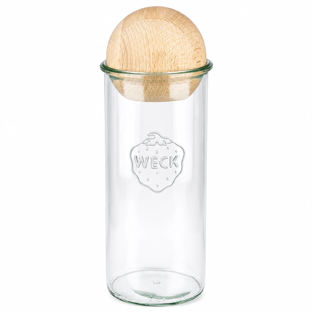 WECK Bocal 1500ml RR100 avec boule en bois de hêtre comme couvercle, bocal à provisions transparent pour la cuisine