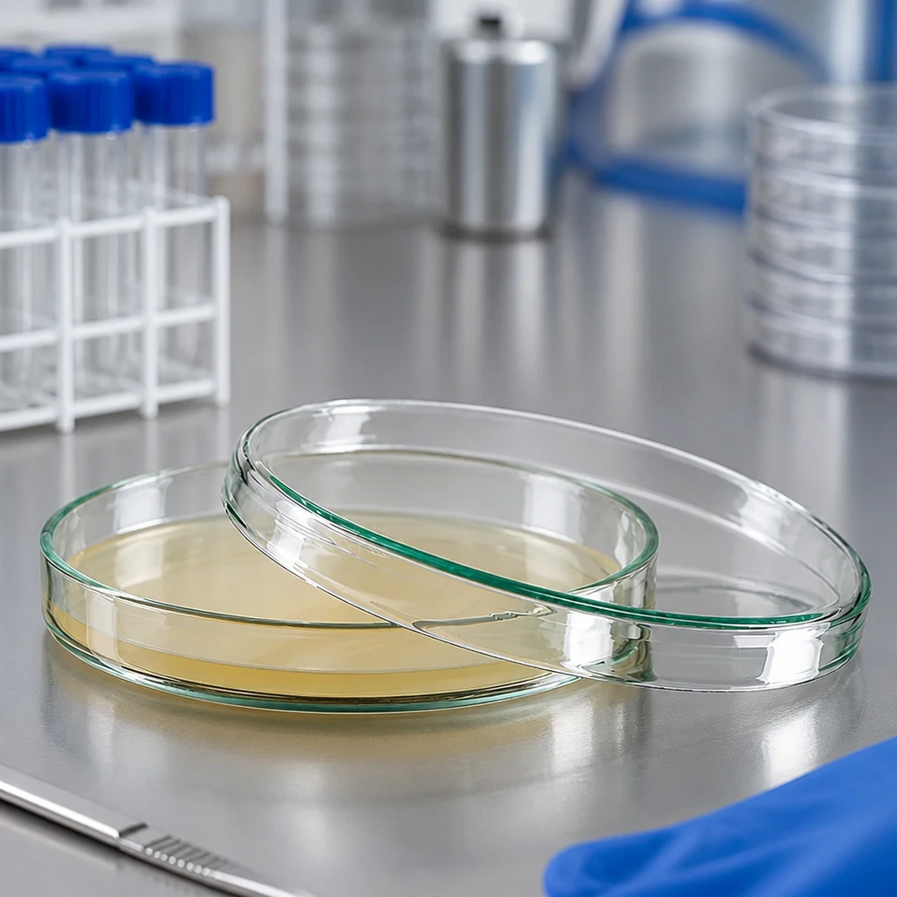 Boîte de Petri en verre 100 x 15 mm Deux boîtes de Pétri en verre de 100 x 15 mm contenant de la gélose nutritive jaune, posées sur une table en acier inoxydable dans le laboratoire
