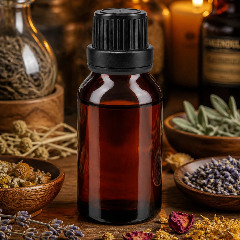 Flacon en verre foncé de 15 ml muni d'un bouchon à sécurité enfant, contenant des herbes médicinales séchées