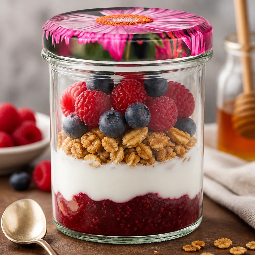 350ml Verre conique avec couvercle BasicSeal decor floral UNiTWIST Verre renversé 350ml avec couvercle en gerbera comme verre à dessert avec yaourt baies noix dessert en couches sur table en bois