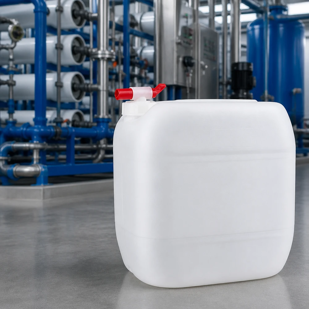 Jerrican de 30 litres avec robinet Bidon industriel de 30 litres muni d'un robinet de vidange rouge, devant une station de traitement de l'eau bleue