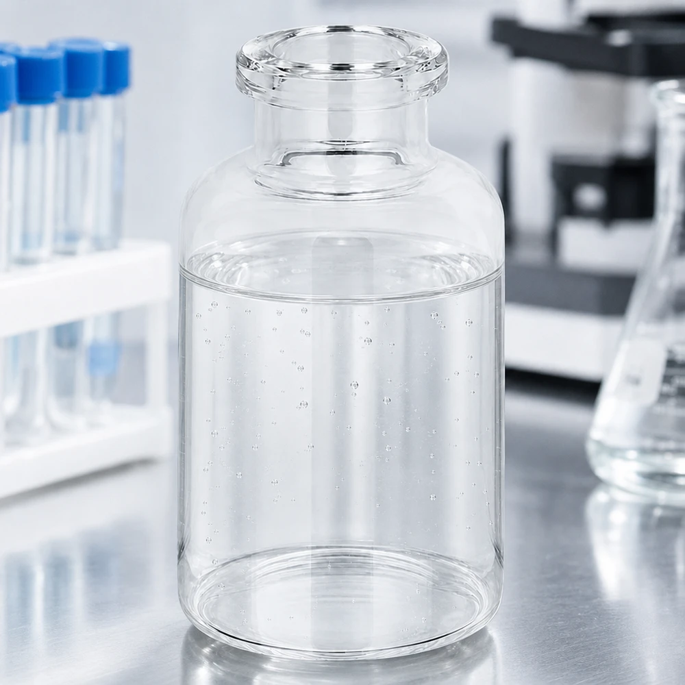 Flacon pour solution injectable, 20 ml en verre clair Glasbehälter 20ml für Injektionspräparate mit Mikroskop und Reagenzgläsern im Hintergrund
