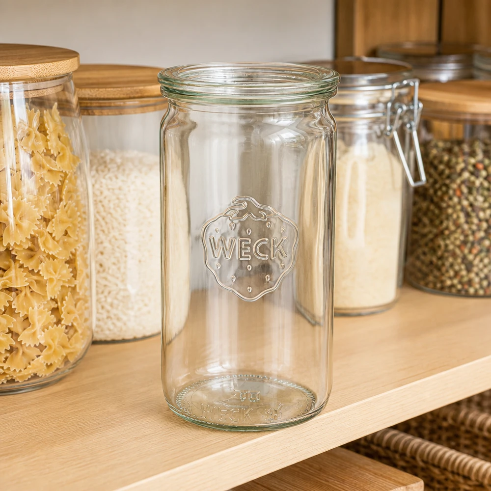 340ml bocal cylindrique avec bouchon en verre WECK RR60 WECK Pot cylindrique 340ml RR60 vide sur l'étagère à provisions à côté des bocaux remplis de pâtes et d'épices Organisation de la cuisine