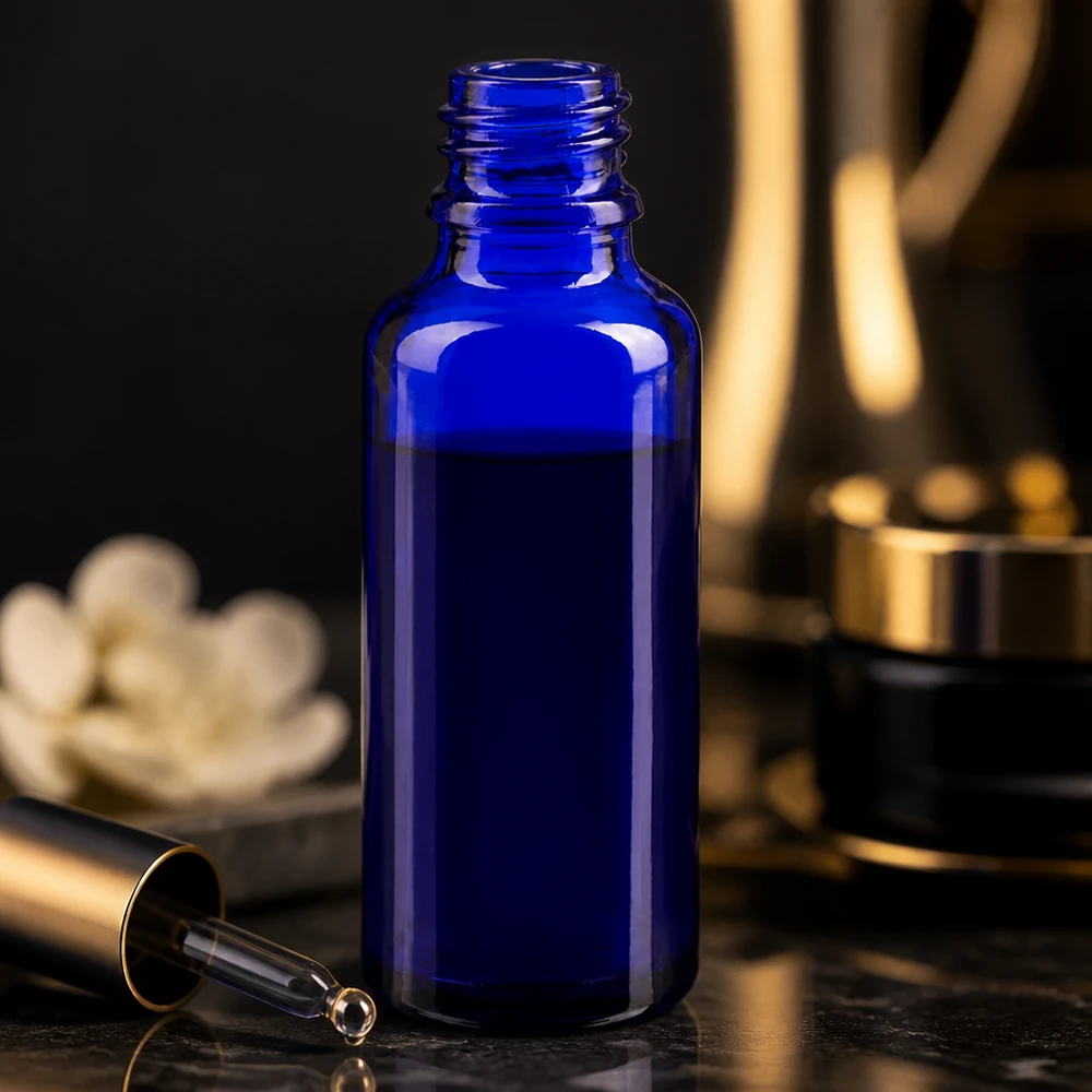 Flacon compte-gouttes pour pharmacie 30 ml DIN18 - verre bleu Élégant flacon de pharmacie ApoGlas de 30 ml, bleu cobalt, sans bouchon, posé sur un fond en marbre foncé