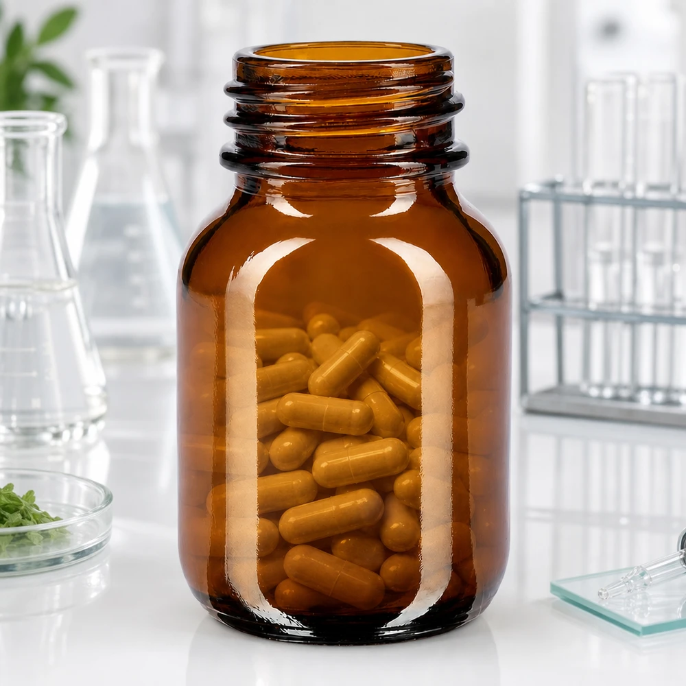 Flacon en verre brun de 50ml à large ouverture idéal pour les gélules et les comprimés