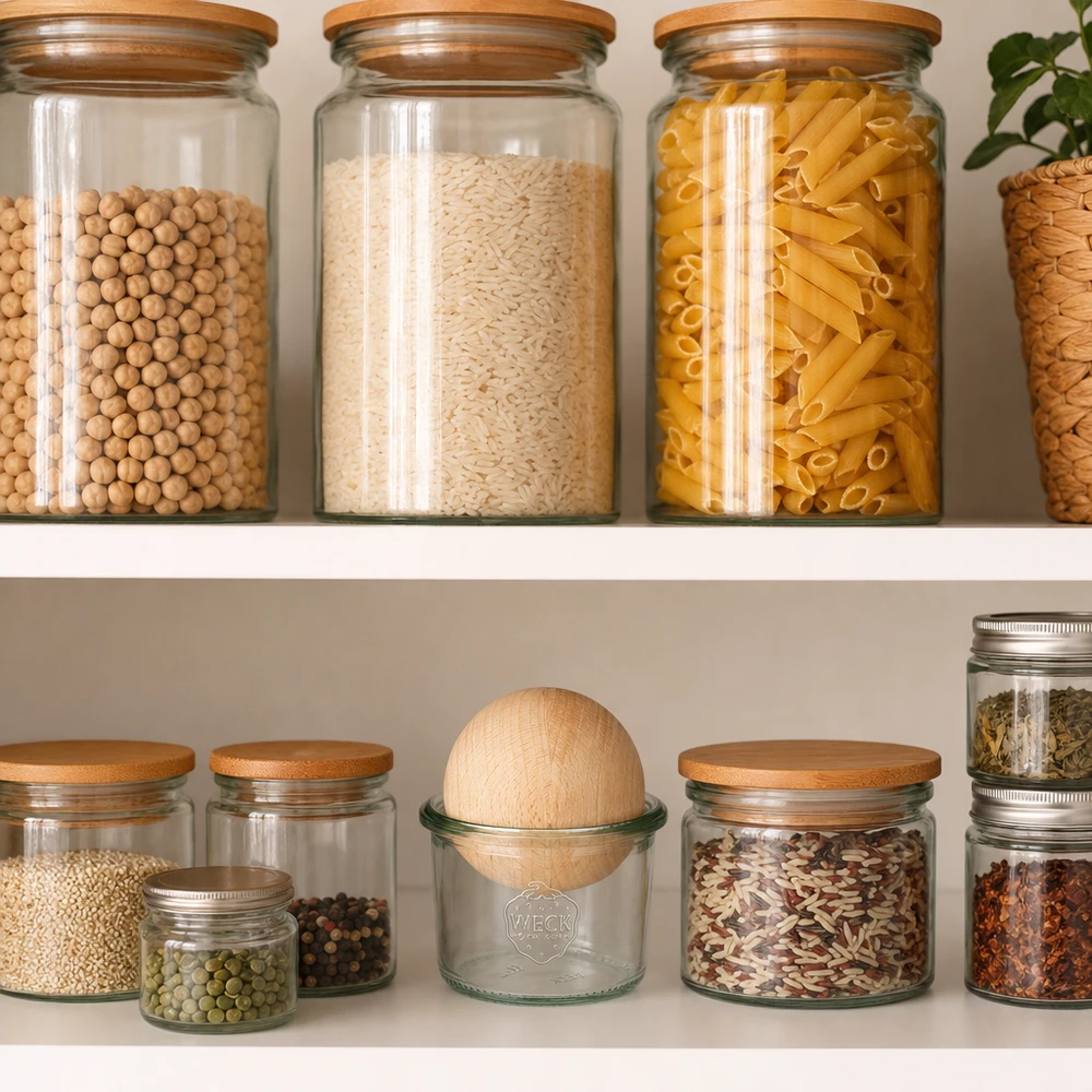 WECK Pot renversé 80ml RR60 avec boule en bois dans un garde-manger organisé entre les pâtes, le riz et les épices