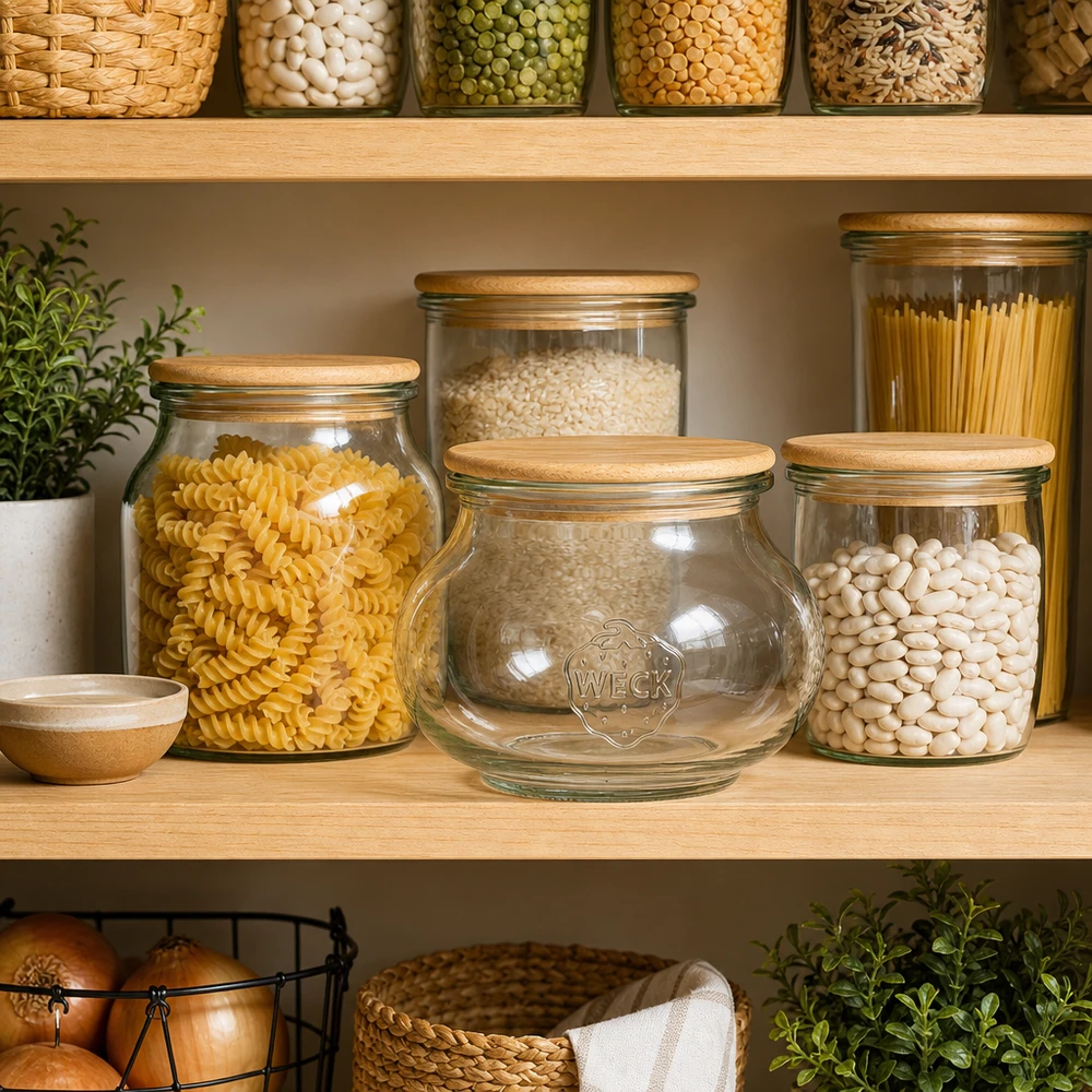 560ml bocal décoratif WECK RR80 avec couvercle en bois WECK Pot 560ml RR80 avec couvercle en chêne dans une cuisine organisée à côté des pâtes et des haricots sur une étagère en bois