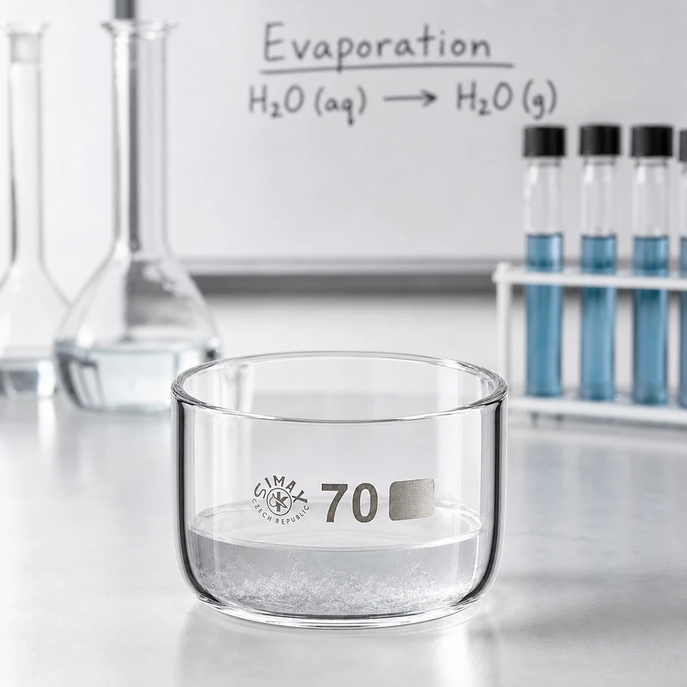Coupelle de cristallisation de 100 ml en verre borosilicaté contenant des cristaux de sel blancs, posée sur une paillasse de laboratoire lors d'une expérience d'évaporation