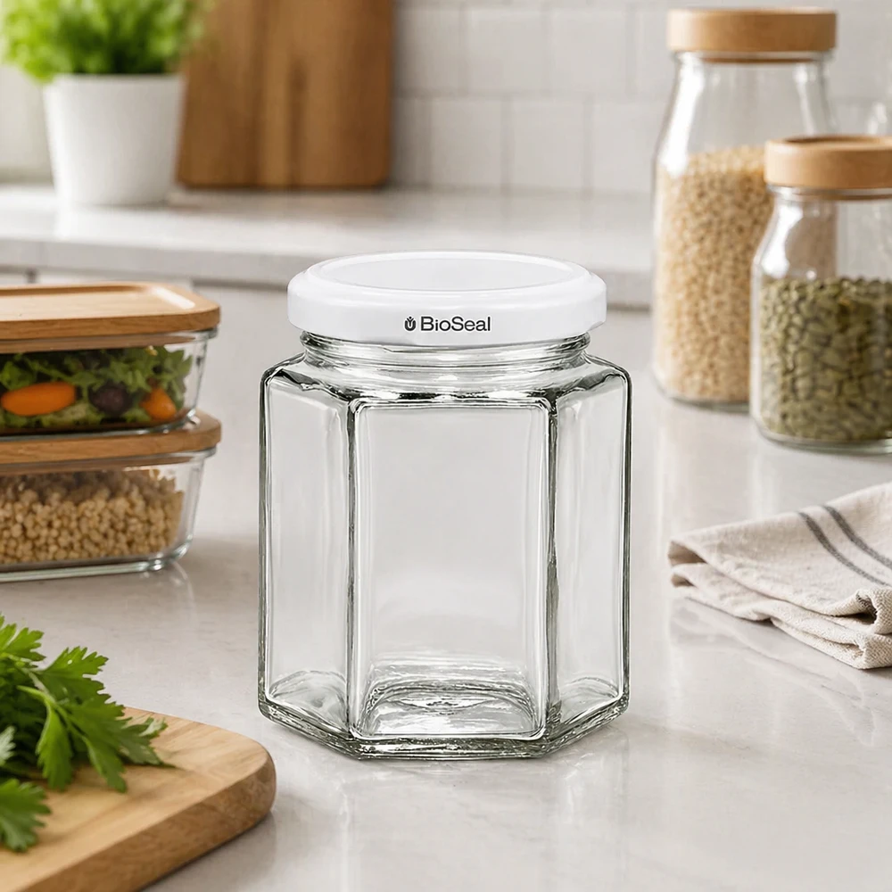 196ml Verre hexagonal avec couvercle BioSeal blanc UNiTWIST 196ml Verre hexagonal avec couvercle BioSeal blanc UNiTWIST