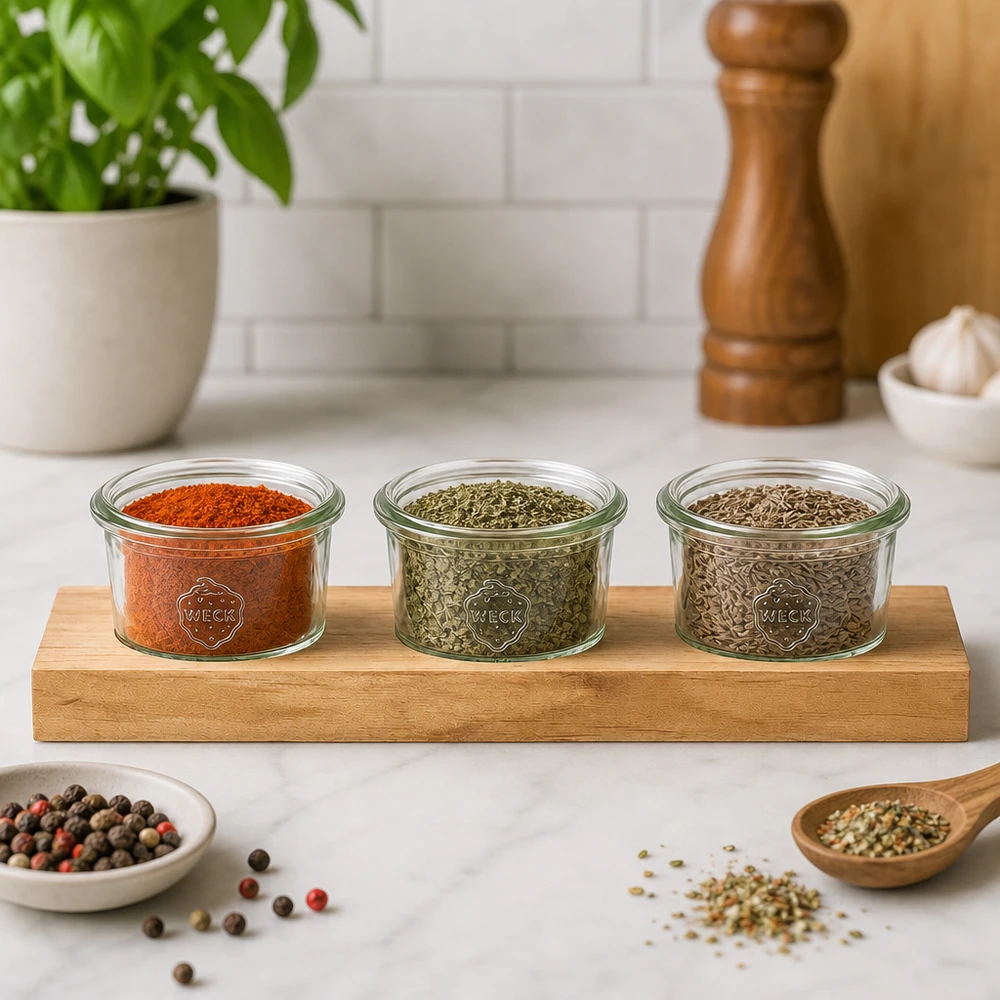 Plateau de service Plano3 avec 3 bocaux Weck de 80 ml Planche de service Plano3 avec pots Weck de 80 ml pour épices et herbes aromatiques sur plan de travail de cuisine en marbre