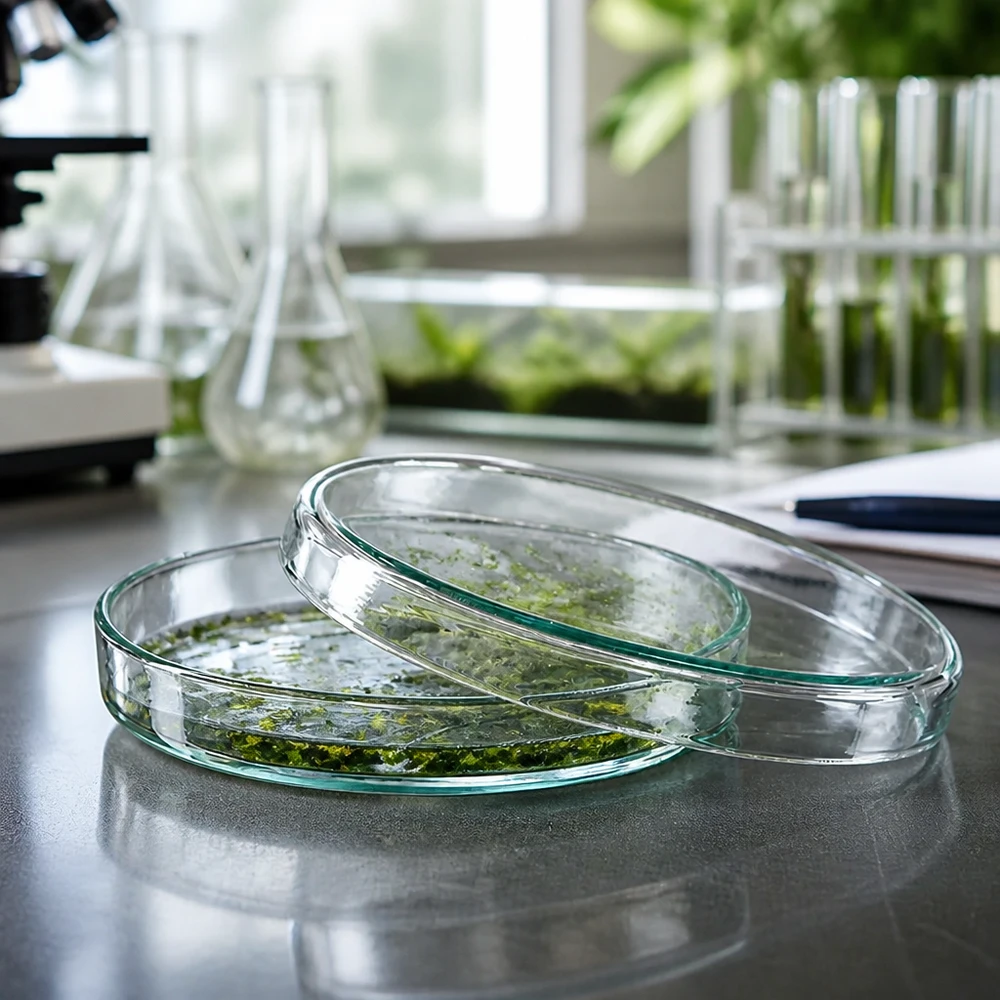 Boîte de Petri en verre 90x15 mm Deux boîtes de Pétri en verre de 90 x 15 mm contenant des cultures végétales vertes, posées sur une paillasse de laboratoire avec des fioles Erlenmeyer