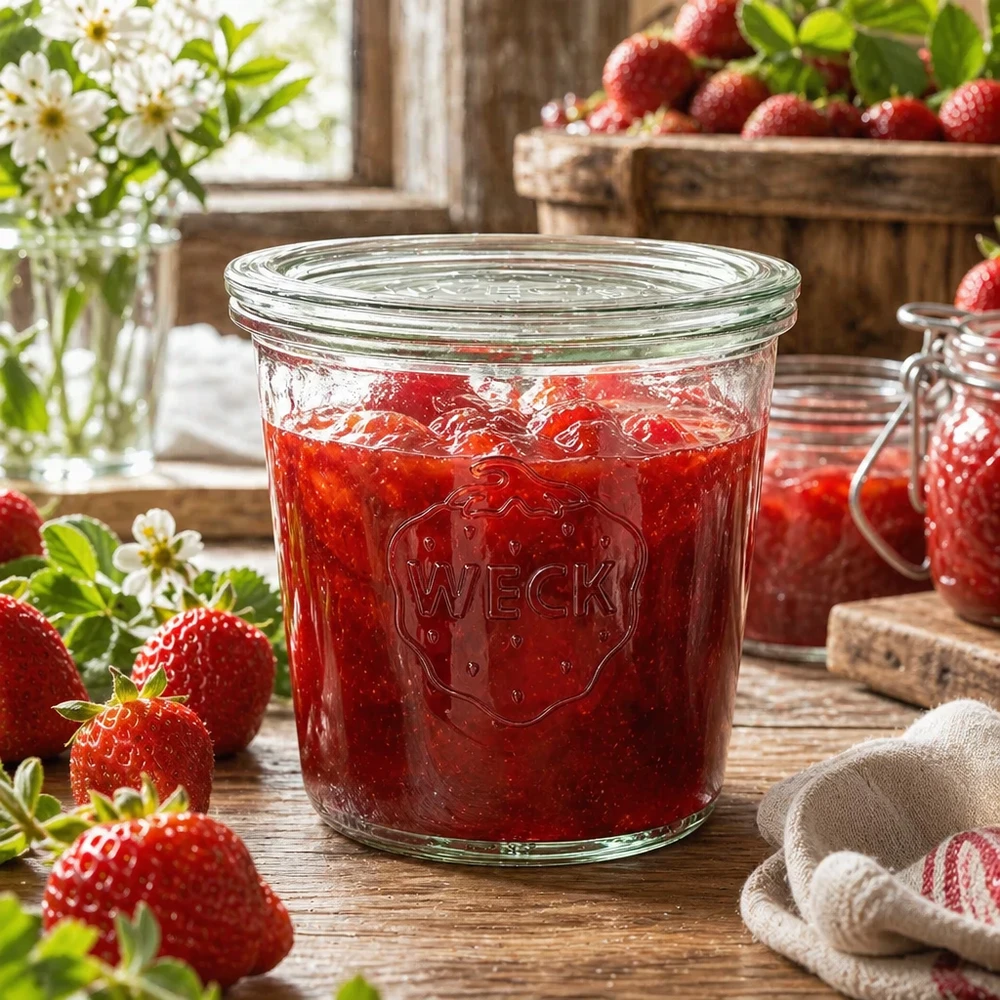 WECK Pot de conservation 580ml rempli de confiture de fraises dans une cuisine rustique avec des fraises fraîches et des fleurs