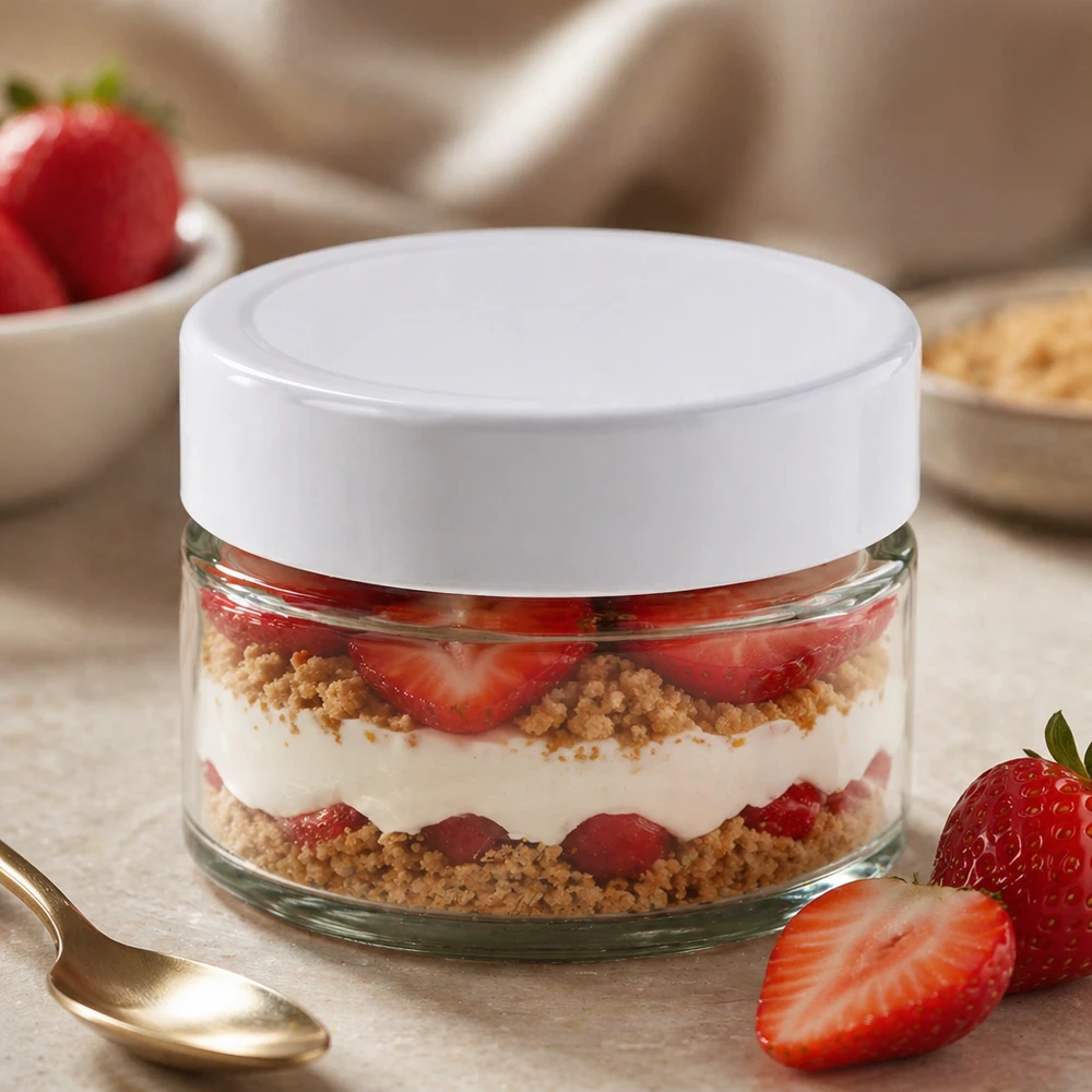 130ml pot rond BasicSeal blanc rempli de dessert à la fraise dessert en couches - pot en verre pour des desserts sucrés