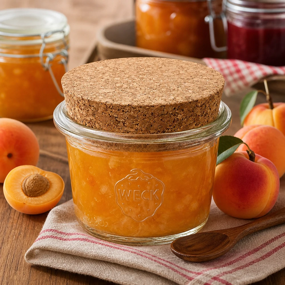 35ml bocal conique WECK RR40 avec bouchon nature WECK Pot renversé 35ml RR40 Bouchon en liège rempli de confiture d'abricots à côté d'abricots frais sur une table en bois