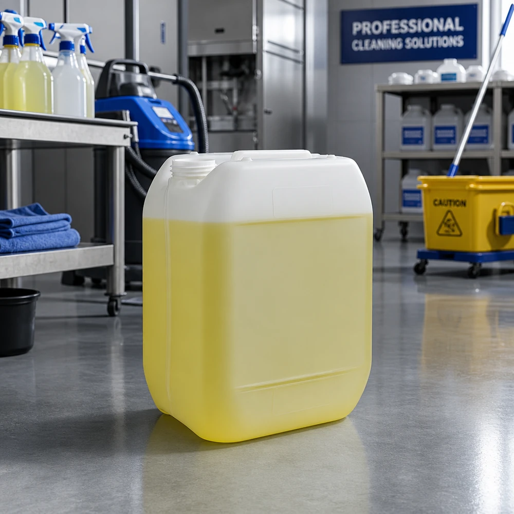 Jerrican de 10 litres sans bouchon Bidon de produit nettoyant jaune de 10 litres sans bouchon, utilisé dans un environnement de nettoyage professionnel