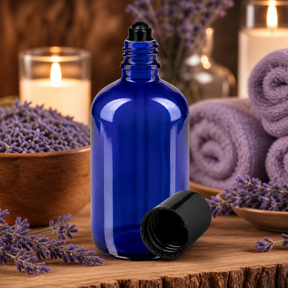 Flacon en verre bleu de 100 ml muni d'un bouchon à bille, entouré de fleurs de lavande et de bougies