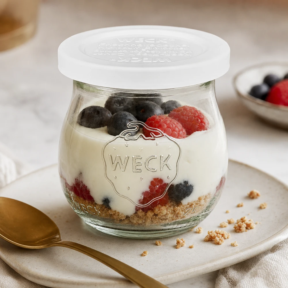75ml bocal tulipe avec couvercle fraîcheur WECK RR40 WECK Pot tulipe 75ml RR40 avec baies de yaourt et granola comme dessert sur assiette blanche avec cuillère dorée