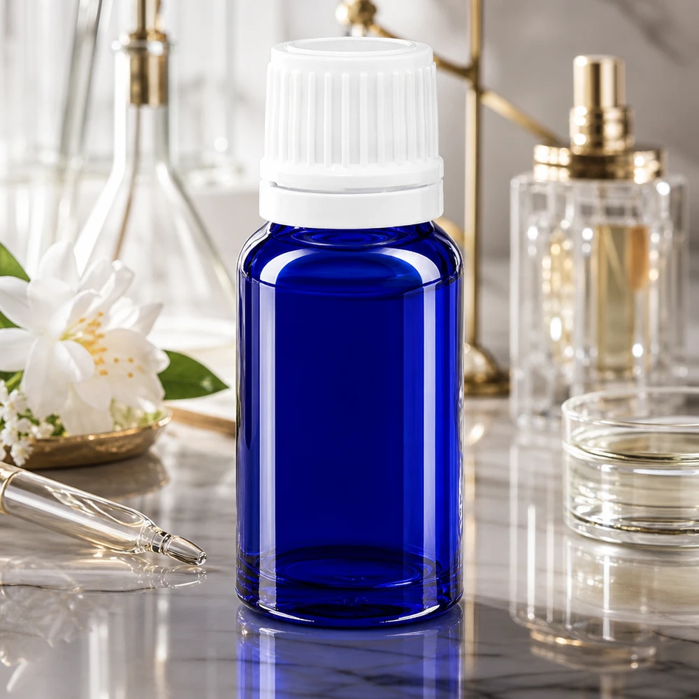 Flacon compte-gouttes ApoGlas bleu de 10 ml avec bouchon de sécurité enfant blanc, sur fond marbré